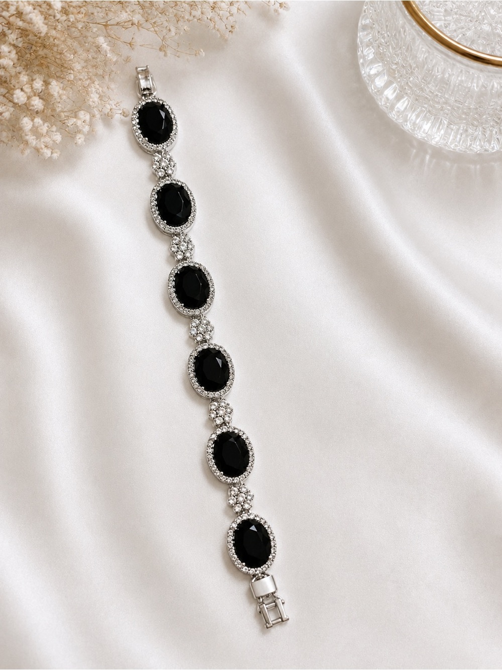 Silvertone Black Onyx-Inspired Halo Bracelet | Non-Tarnish with extra links